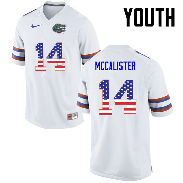 Youth Florida Gators #14 Alex McCalister College Football USA Flag Fashion Jerseys-White